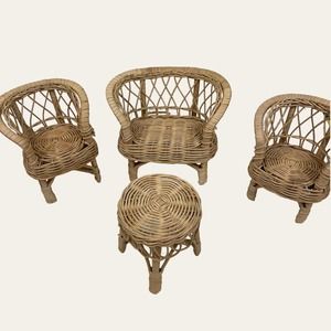 VTG 4 Piece Matching Tan Wicker Doll Furniture Set 2 Chairs Settee/Couch Table